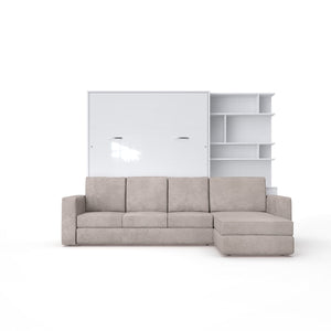 Maxima House Invento White Queen Vertical Murphy Bed with Corner Bookcase and Cream Sofa